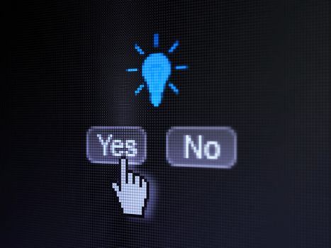 Finance concept: buttons yes and no with pixelated Light Bulb icon and Hand cursor on digital computer screen, selected focus 3d render