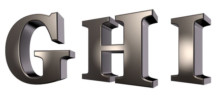 metal letters g, h and i on white background - 3d illustration