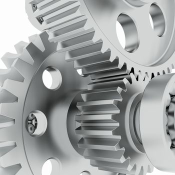 Metal shafts, gears and bearings. 3d render on white background