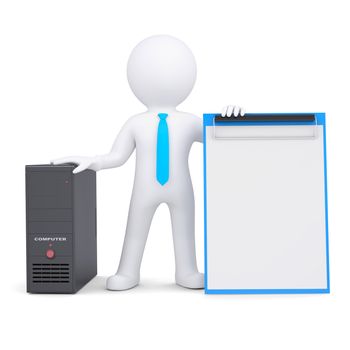 3d white person and a computer system unit. Isolated render on a white background