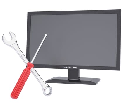 Monitor, a screwdriver and a wrench. 3d render isolated on white background