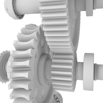 White shafts, gears and bearings. 3d render on white background