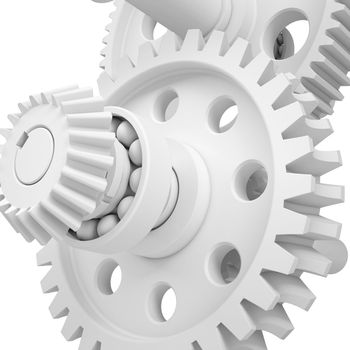 White shafts, gears and bearings. 3d render on white background