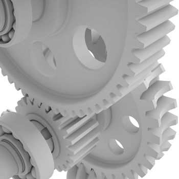 White shafts, gears and bearings. 3d render on white background