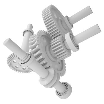 White shafts, gears and bearings. 3d render isolated on white background