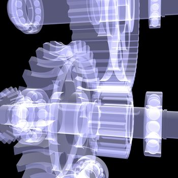 White shafts, gears and bearings. X-ray render on black background