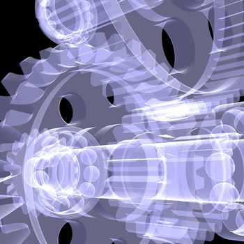 White shafts, gears and bearings. X-ray render on black background