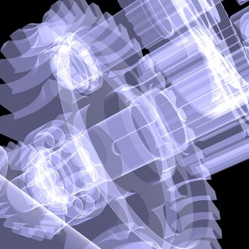 White shafts, gears and bearings. X-ray render on black background