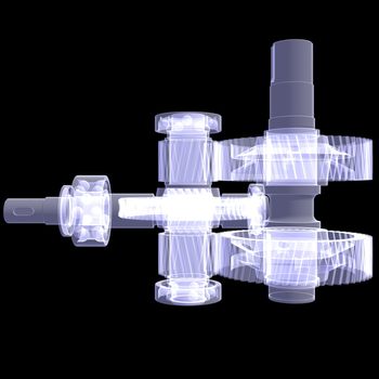 White shafts, gears and bearings. X-ray render isolated on black background