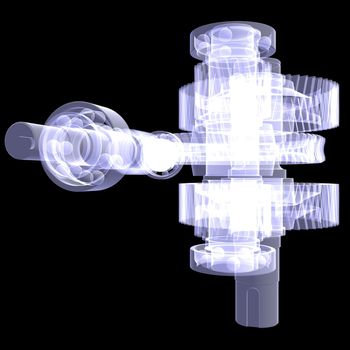 White shafts, gears and bearings. X-ray render isolated on black background