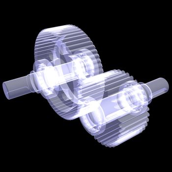 White shafts, gears and bearings. X-ray render isolated on black background