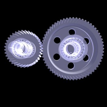 White shafts, gears and bearings. X-ray render isolated on black background