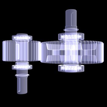 White shafts, gears and bearings. X-ray render isolated on black background