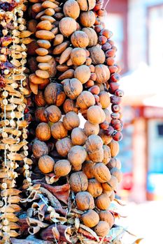 A bunch of nuts on the market. In conjunction walnuts, almonds, and still unknown to me.