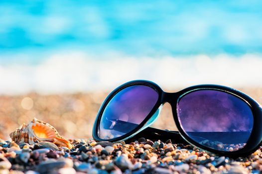 Sunglasses and shells lie on the shingle beach sea