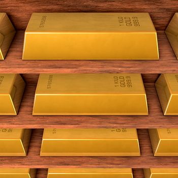 Several gold bars on wood shelves