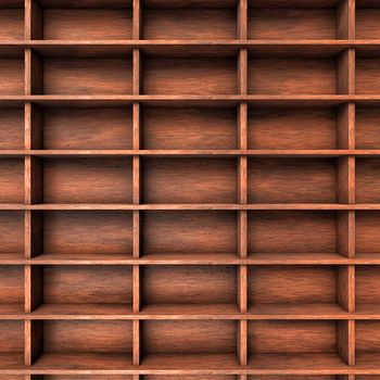 Several brown wood shelves with slots