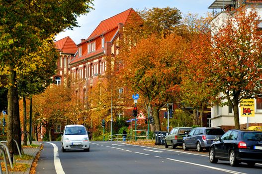 Autumn street with cars in Fulda, Hessen, Germany