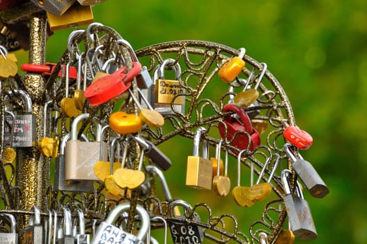 Wedding padlocks on bridge, Yaroslavl, Russia