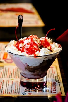 Tasty sweet cherry ice-cream in the cafe, Sergiev Posad, Moscow region, Russia