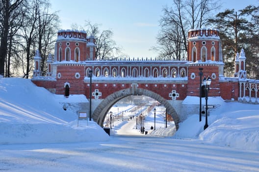 Brick arc in Tsaritsyno park in winter, Moscow (Russia)