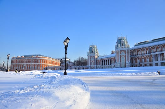 Brick palace in Tsaritsyno park in winter, Moscow (Russia)