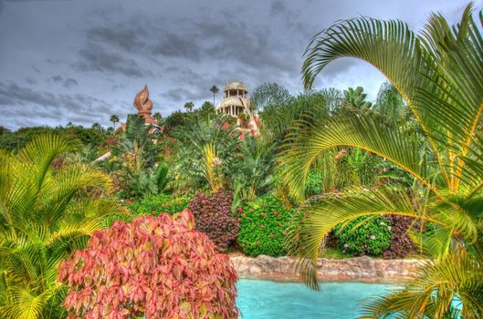 River in the park with palms, Tenerife, Canarian Islands