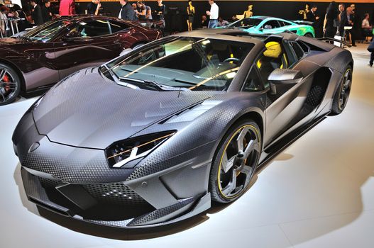 FRANKFURT - SEPT 14: Lamborghini Aventador Carbonado by Mansory presented as world premiere at the 65th IAA (Internationale Automobil Ausstellung) on September 14, 2013 in Frankfurt, Germany