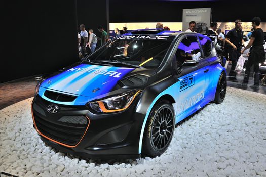 FRANKFURT - SEPT 14: Hyundai i20 WRC 2014 presented as world premiere at the 65th IAA (Internationale Automobil Ausstellung) on September 14, 2013 in Frankfurt, Germany