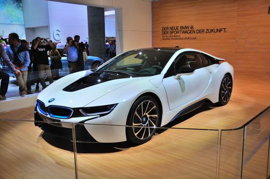 FRANKFURT - SEPT 14: BMW i8 presented as world premiere at the 65th IAA (Internationale Automobil Ausstellung) on September 14, 2013 in Frankfurt, Germany