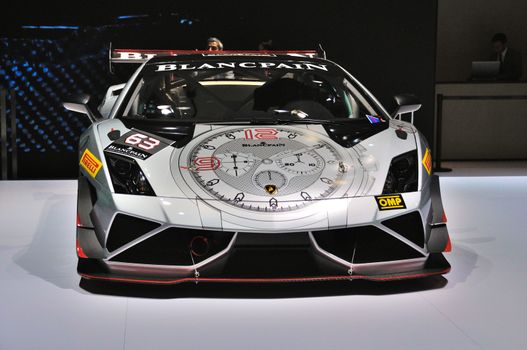 FRANKFURT - SEPT 14: Lamborghini Gallardo Blancpain presented as world premiere at the 65th IAA (Internationale Automobil Ausstellung) on September 14, 2013 in Frankfurt, Germany