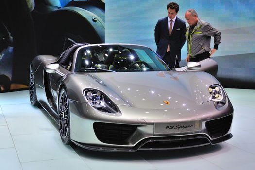 FRANKFURT - SEPT 14: Porsche 918 Spyder presented as world premiere at the 65th IAA (Internationale Automobil Ausstellung) on September 14, 2013 in Frankfurt, Germany