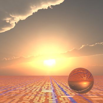 A grid horizon and bright sun background with a crystal ball.  Abstract concept to looking forward to technical future.