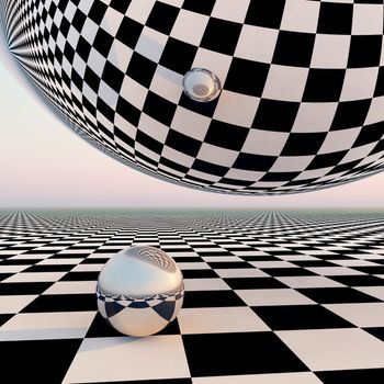 A grid checkered pattern horizon background with a silver mirror orbs.  Abstract concept to leading into future events.
