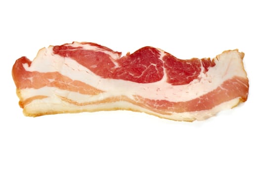 One strip of bacon isolated on a white background. Tasty looking but unhealthy food.