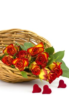 red and yellow roses in a basket