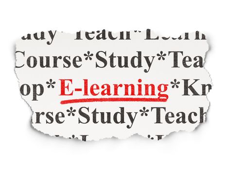Education concept: torn newspaper with words E-learning on Paper background, 3d render