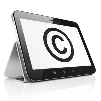 Law concept: black tablet pc computer with Copyright icon on display. Modern portable touch pad on White background, 3d render