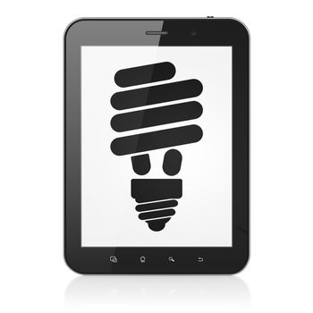 Business concept: black tablet pc computer with Energy Saving Lamp icon on display. Modern portable touch pad on White background, 3d render