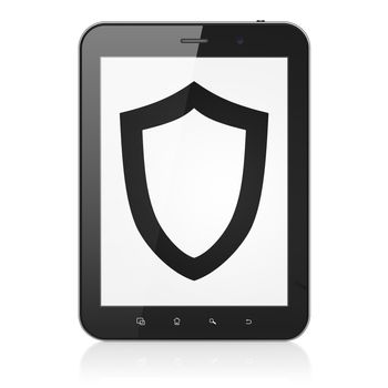 Privacy concept: black tablet pc computer with Contoured Shield icon on display. Modern portable touch pad on White background, 3d render