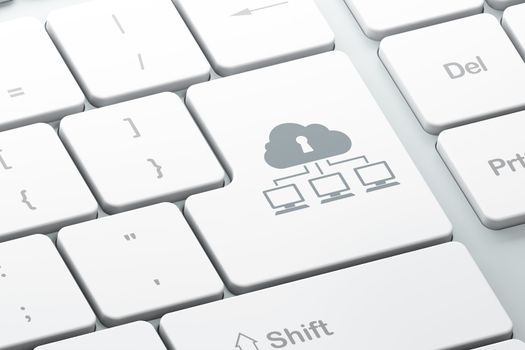 Cloud networking concept: Enter button with Cloud Network on computer keyboard background, 3d render