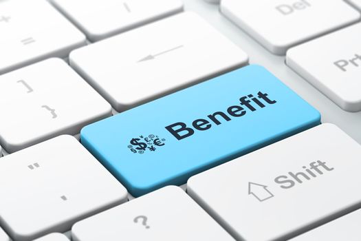 Business business concept: computer keyboard with Finance Symbol icon and word Benefit, selected focus on enter button, 3d render