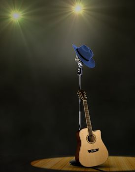 Guitar and Microphone on Stage with Projector Lights