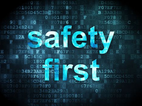 Protection concept: pixelated words Safety First on digital background, 3d render