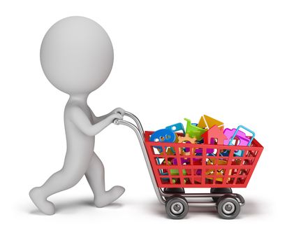 3d small person with a cart buys mobile applications. 3d image. White background.