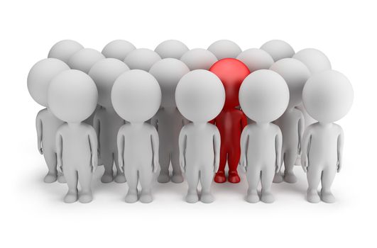 3d small person - stands out in a crowd of people in red. 3d image. White background.