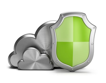 Shield protects the steel clouds. 3d image. White background.