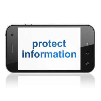 Security concept: smartphone with text Protect Information on display. Mobile smart phone on White background, cell phone 3d render