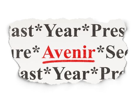 Time concept: torn newspaper with words Avenir(french) on Paper background, 3d render