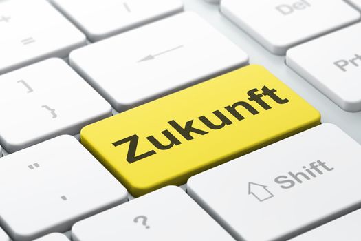 Timeline concept: computer keyboard with word Zukunft(german), selected focus on enter button background, 3d render